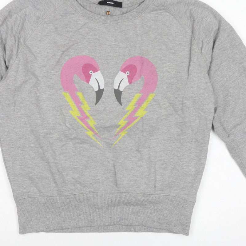 Diesel Women’s Grey XS Flamingo Graphic Cotton Sweatshirt Pullover