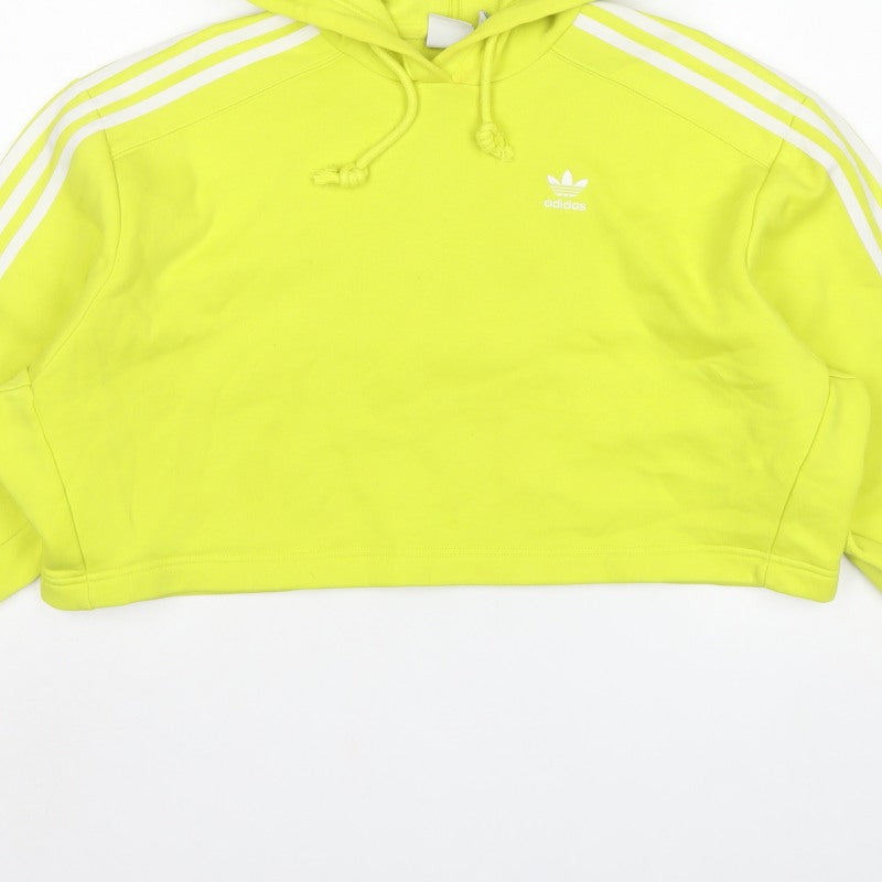 Adidas Women Yellow UK 10 Cropped Pullover Hoodie 3 Stripe Trefoil