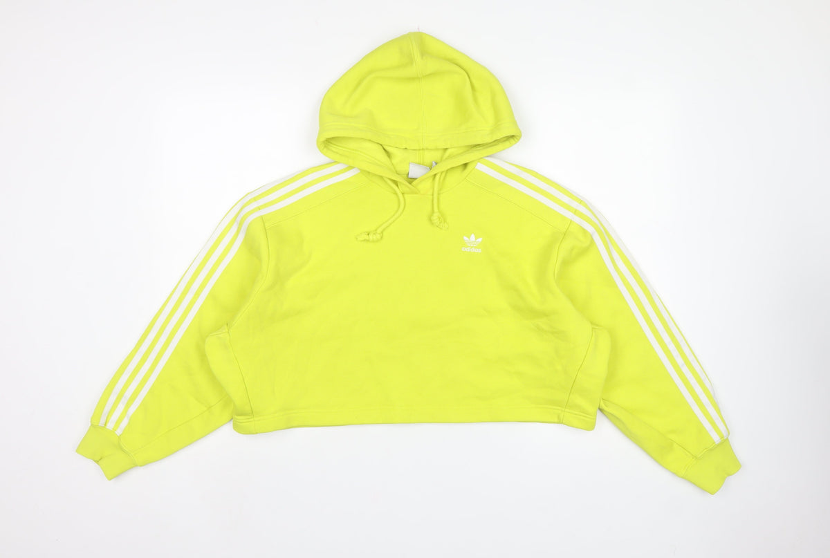 Adidas Women Yellow UK 10 Cropped Pullover Hoodie 3 Stripe Trefoil