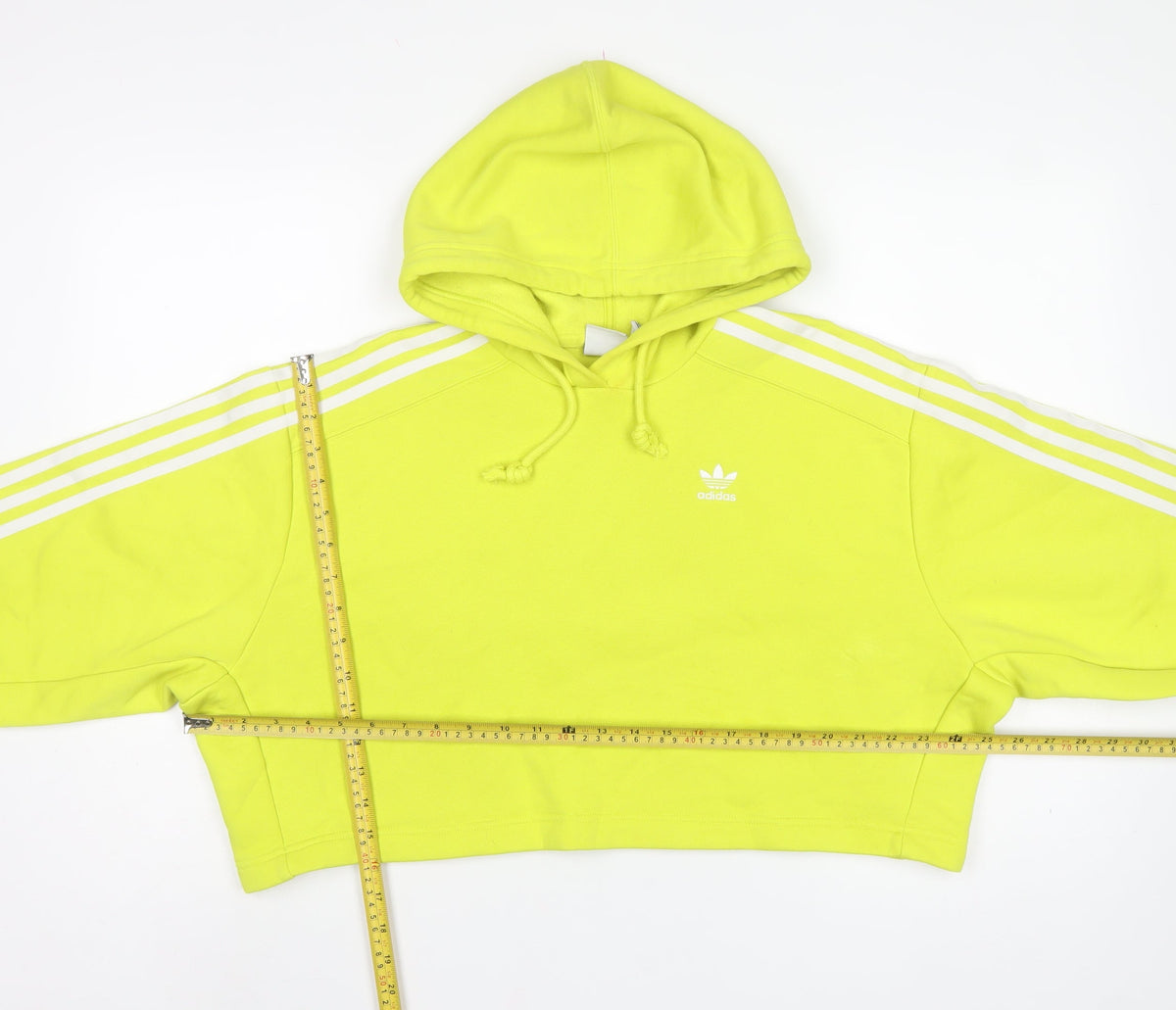 Adidas Women Yellow UK 10 Cropped Pullover Hoodie 3 Stripe Trefoil