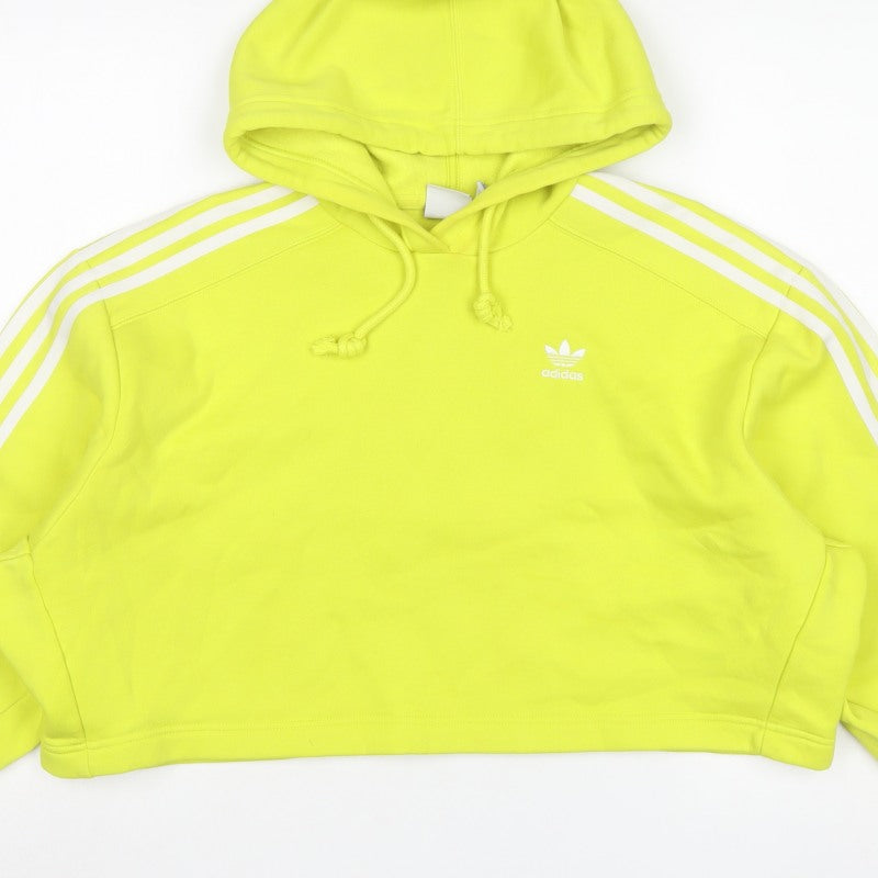 Adidas Women Yellow UK 10 Cropped Pullover Hoodie 3 Stripe Trefoil