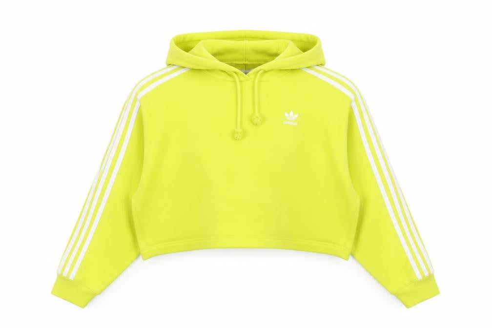 Adidas Women Yellow UK 10 Cropped Pullover Hoodie 3 Stripe Trefoil