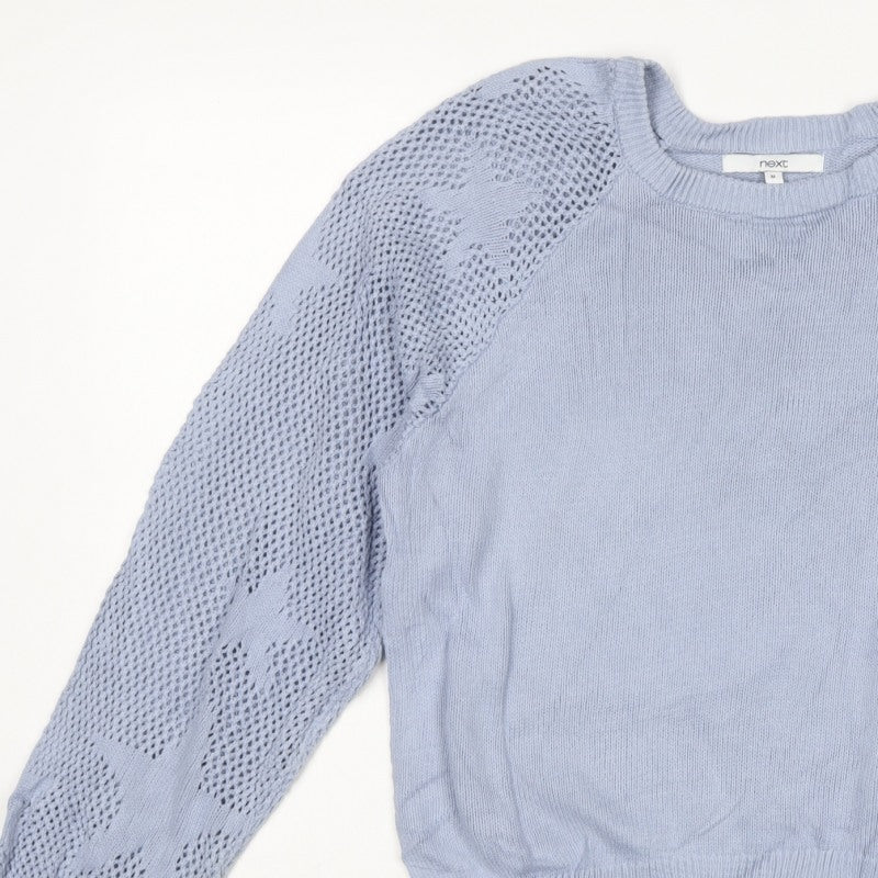 Next Women Blue UK 12 Cotton Open Knit Raglan Sleeve Jumper