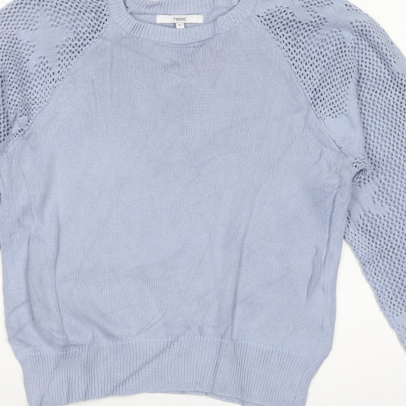 Next Women Blue UK 12 Cotton Open Knit Raglan Sleeve Jumper