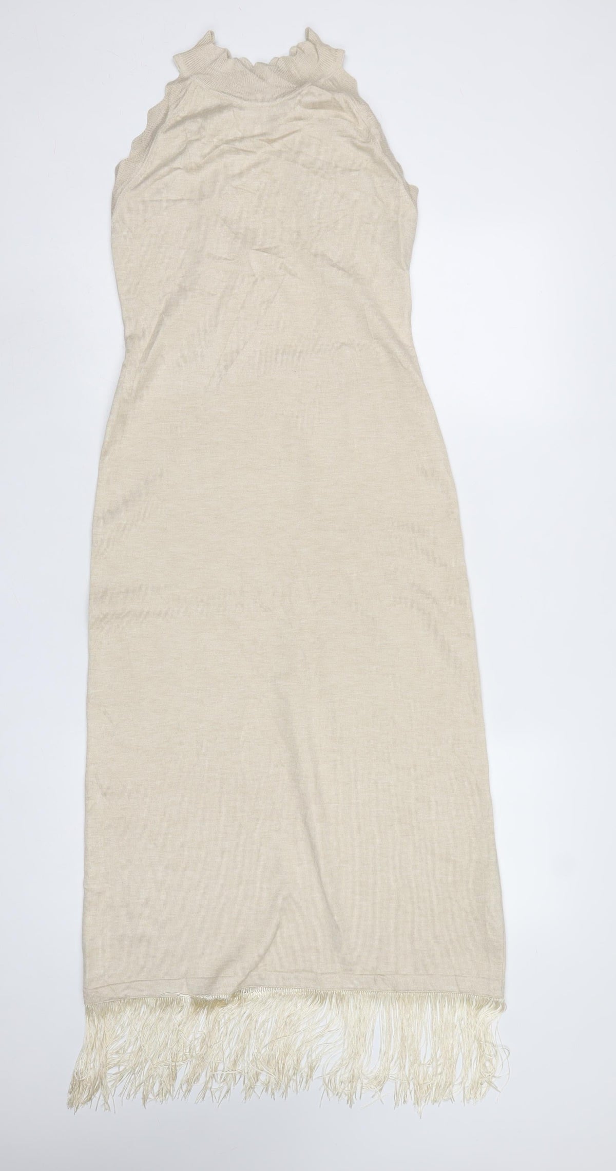 Warehouse Women Ivory M Knit Fringe Backless Maxi Dress