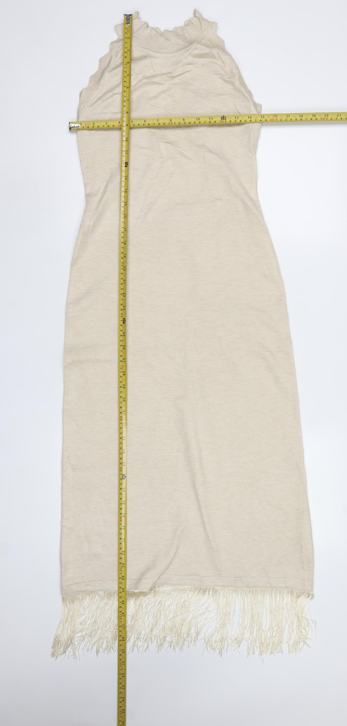 Warehouse Women Ivory M Knit Fringe Backless Maxi Dress