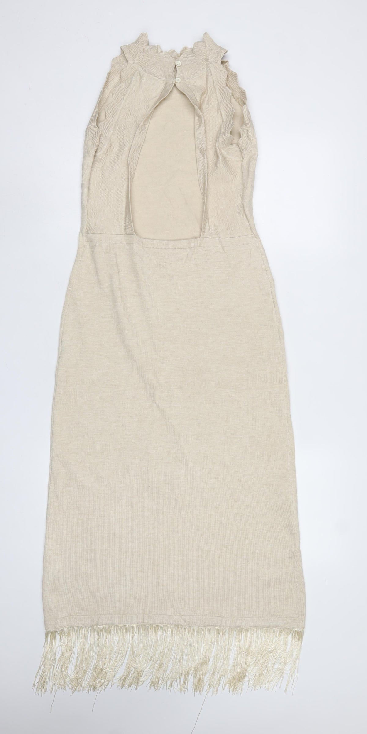 Warehouse Women Ivory M Knit Fringe Backless Maxi Dress