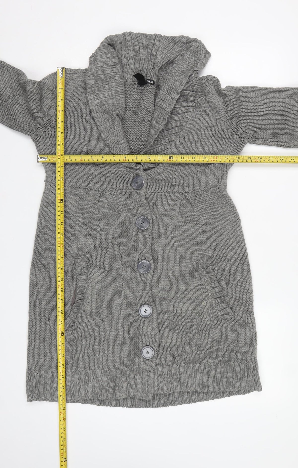 H&M Women Grey S Chunky Knit Button Pocket Cardigan