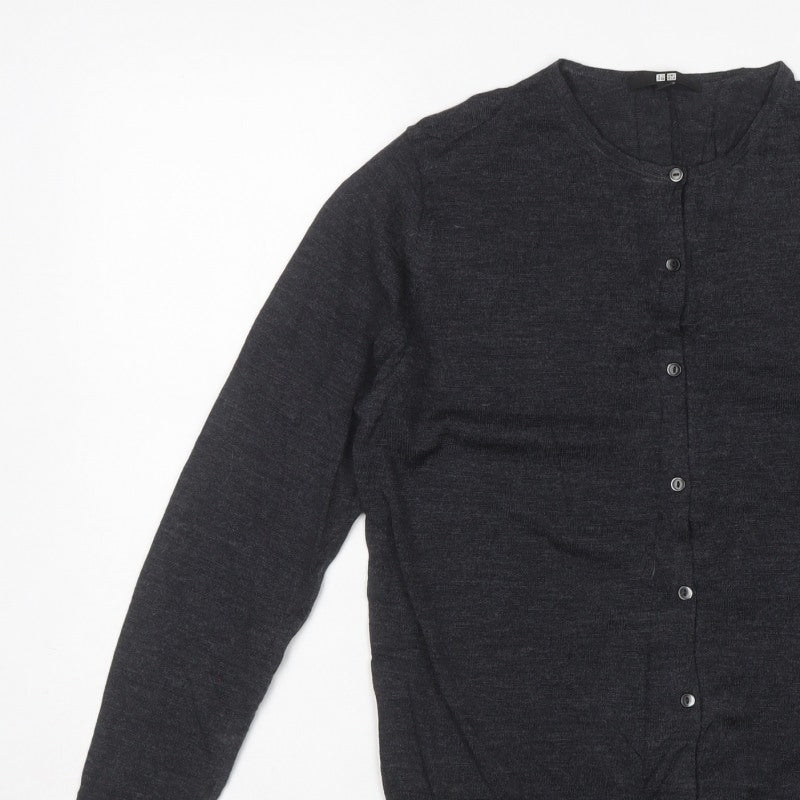 Uniqlo Women Grey L 100% Merino Wool Round Neck Button Cardigan