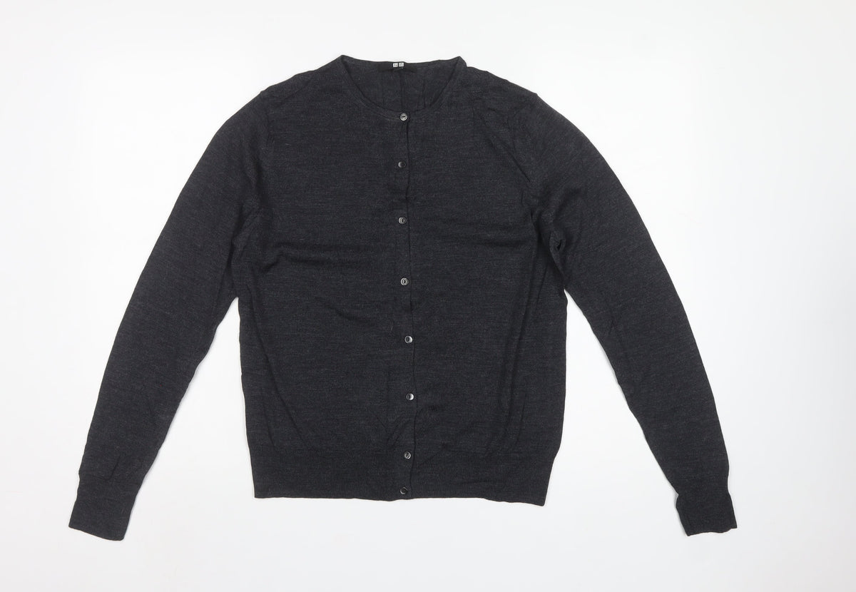 Uniqlo Women Grey L 100% Merino Wool Round Neck Button Cardigan