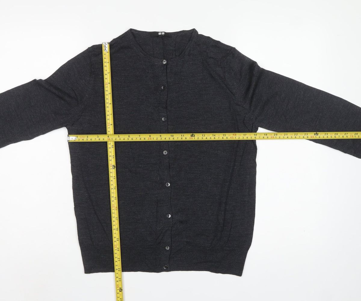 Uniqlo Women Grey L 100% Merino Wool Round Neck Button Cardigan