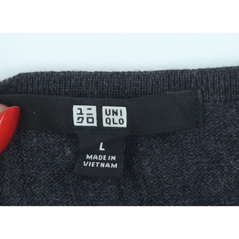 Uniqlo Women Grey L 100% Merino Wool Round Neck Button Cardigan