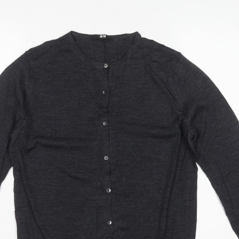 Uniqlo Women Grey L 100% Merino Wool Round Neck Button Cardigan