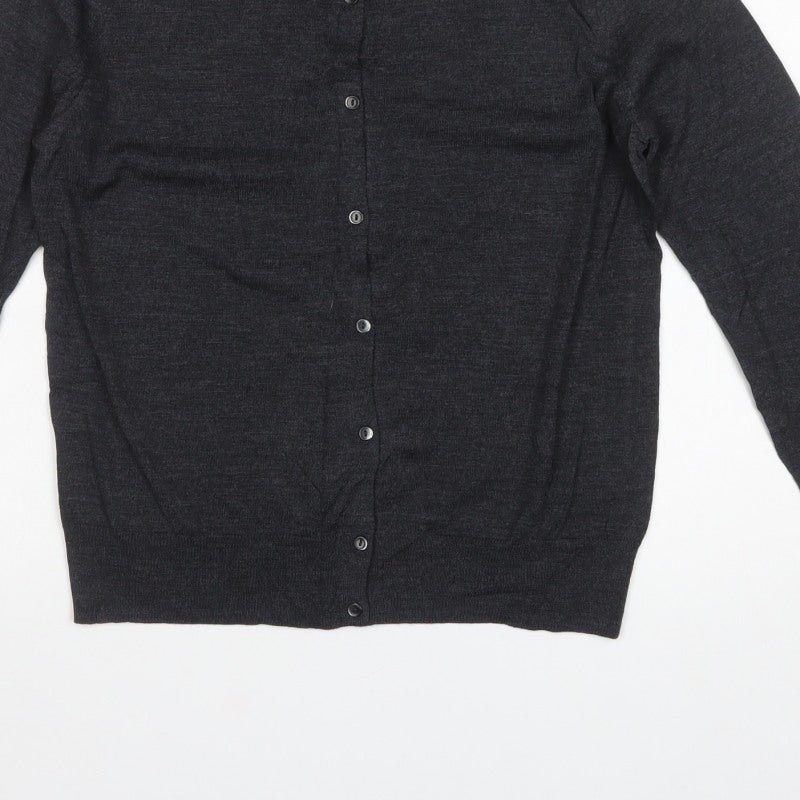 Uniqlo Women Grey L 100% Merino Wool Round Neck Button Cardigan