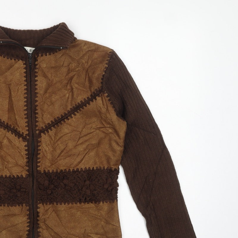 ELEN Women’s Brown XL Full Zip High Neck Knit Faux Suede Jumper
