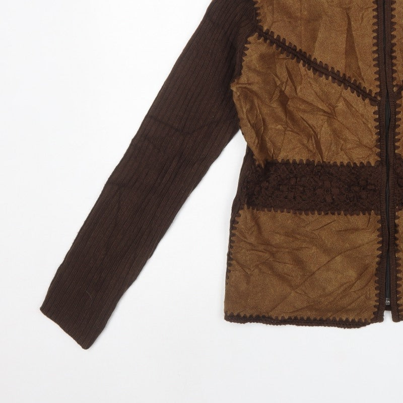 ELEN Women’s Brown XL Full Zip High Neck Knit Faux Suede Jumper