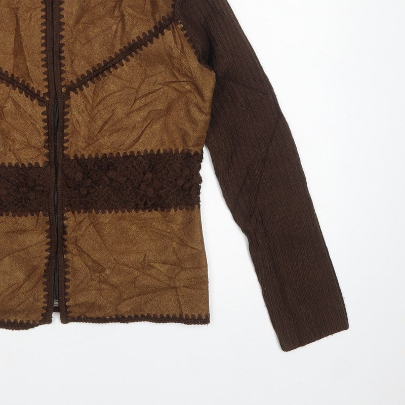 ELEN Women’s Brown XL Full Zip High Neck Knit Faux Suede Jumper