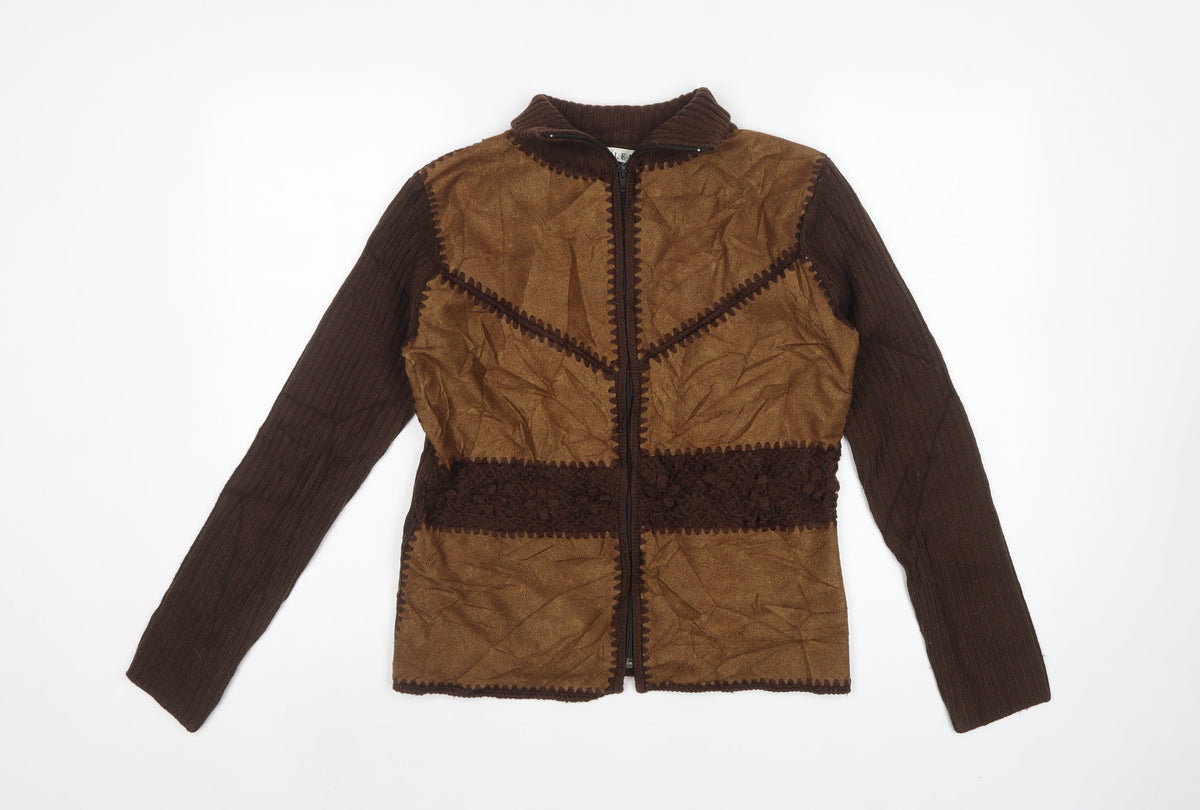 ELEN Women’s Brown XL Full Zip High Neck Knit Faux Suede Jumper