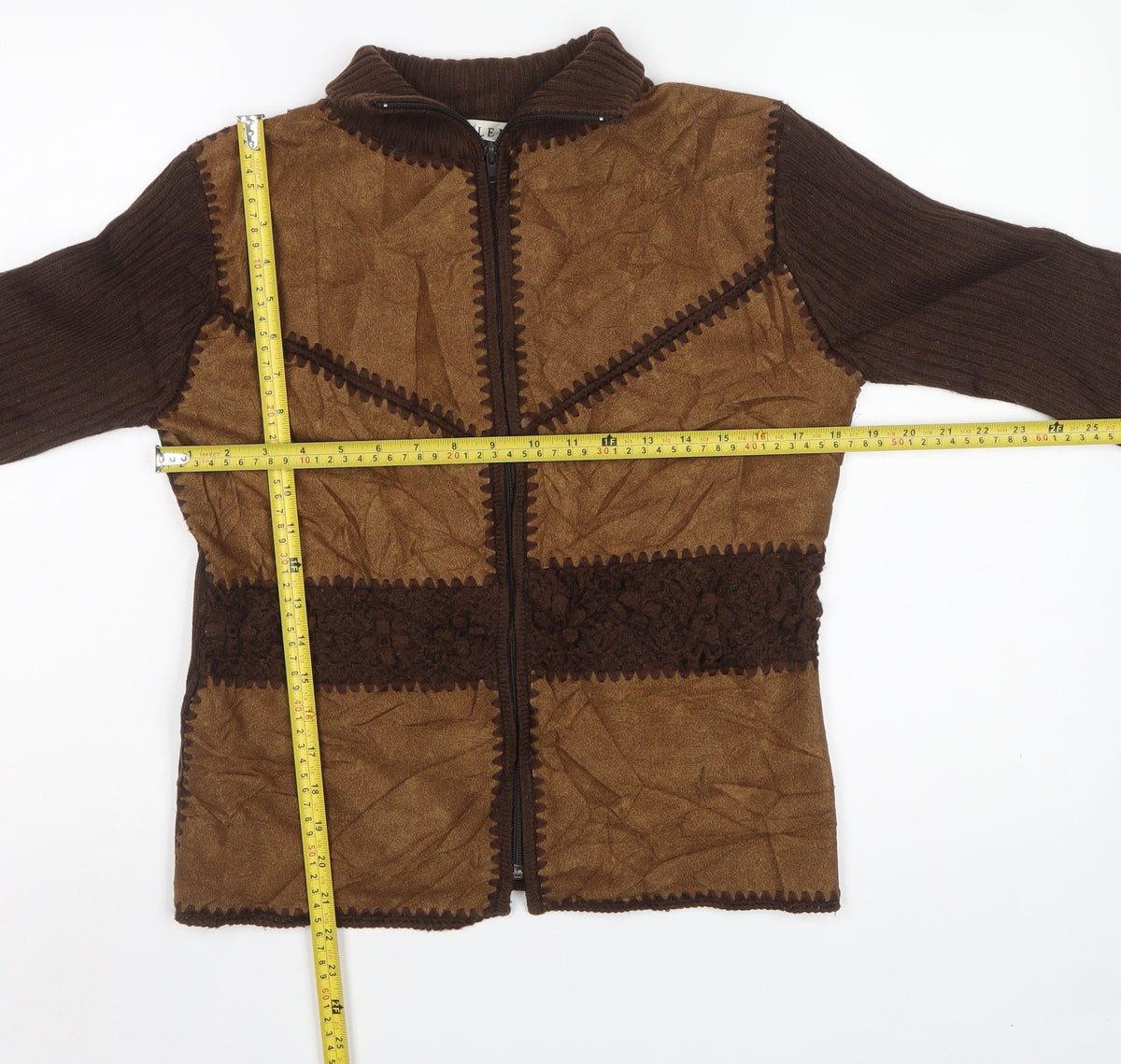 ELEN Women’s Brown XL Full Zip High Neck Knit Faux Suede Jumper