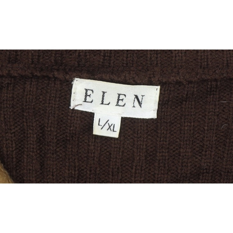 ELEN Women’s Brown XL Full Zip High Neck Knit Faux Suede Jumper