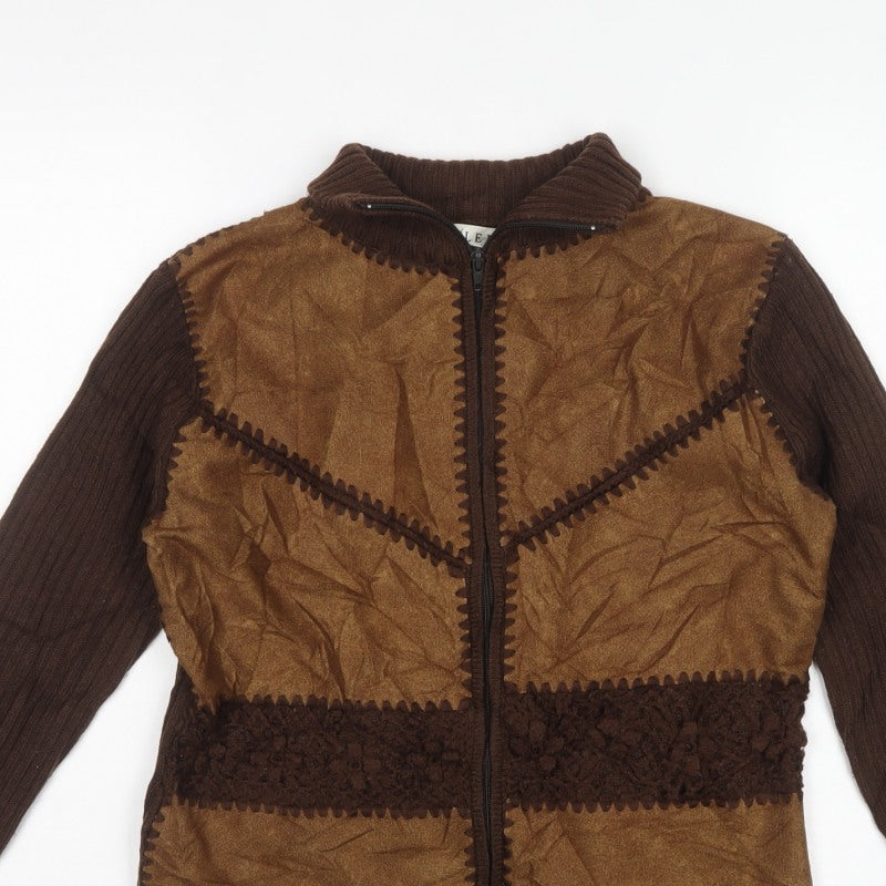 ELEN Women’s Brown XL Full Zip High Neck Knit Faux Suede Jumper