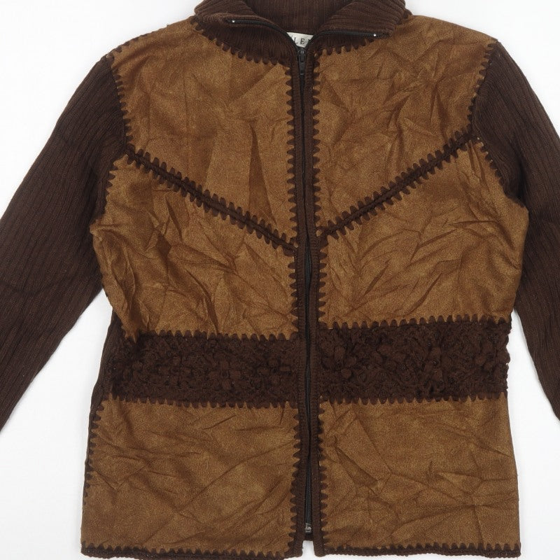 ELEN Women’s Brown XL Full Zip High Neck Knit Faux Suede Jumper
