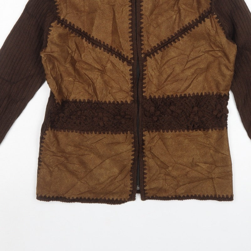 ELEN Women’s Brown XL Full Zip High Neck Knit Faux Suede Jumper