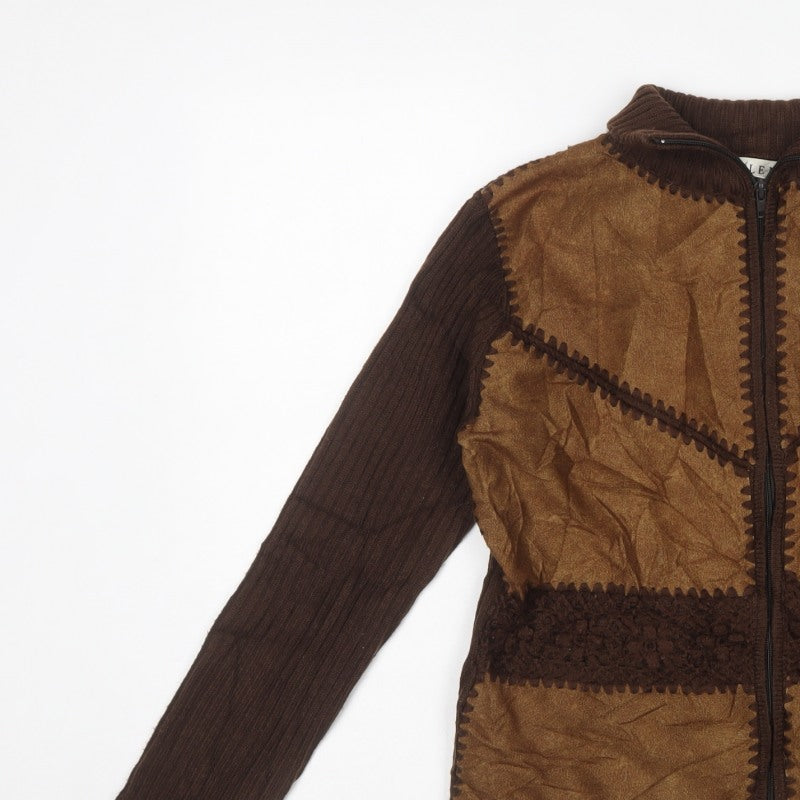 ELEN Women’s Brown XL Full Zip High Neck Knit Faux Suede Jumper