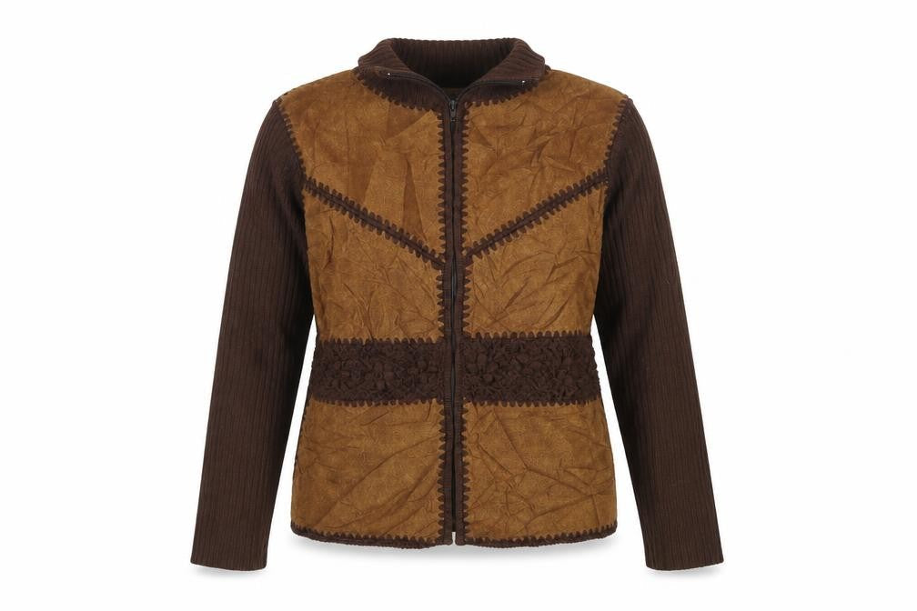 ELEN Women’s Brown XL Full Zip High Neck Knit Faux Suede Jumper