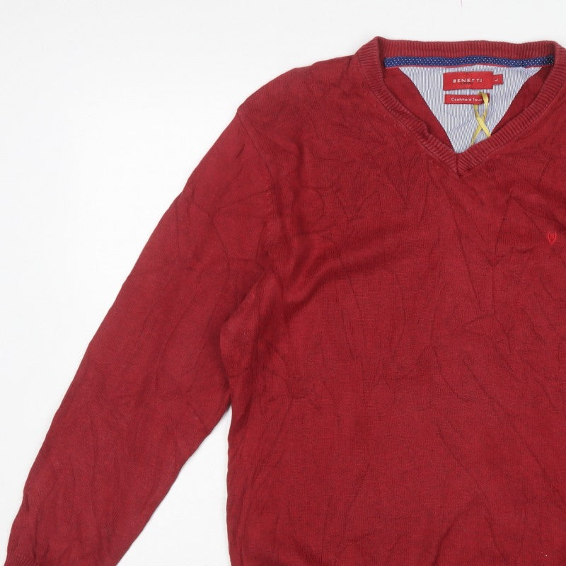 Benetti Men’s Red L V-Neck Cotton Knit Pullover Jumper
