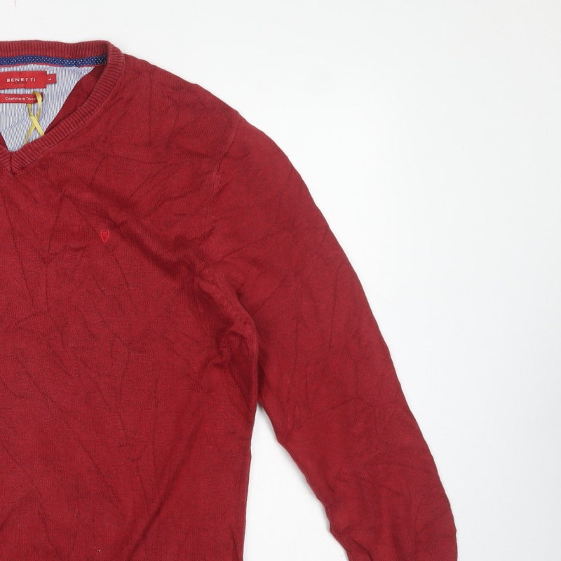 Benetti Men’s Red L V-Neck Cotton Knit Pullover Jumper