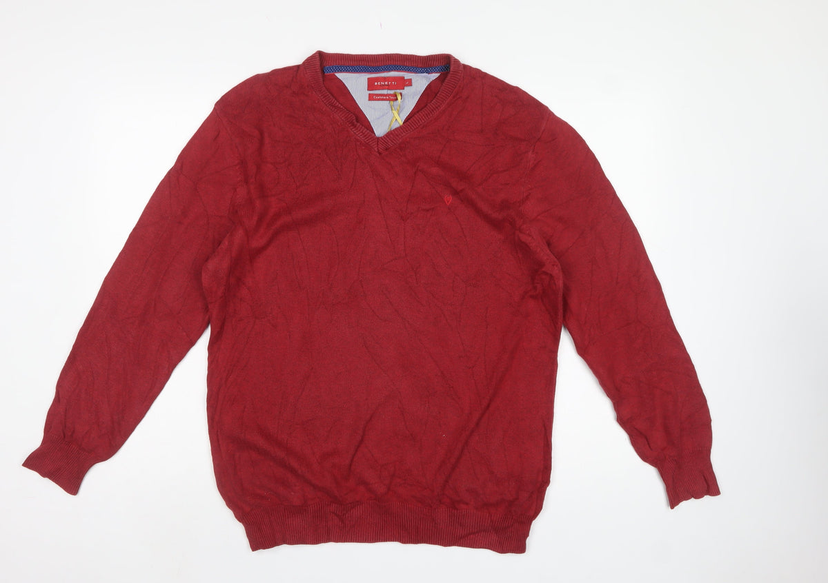 Benetti Men’s Red L V-Neck Cotton Knit Pullover Jumper