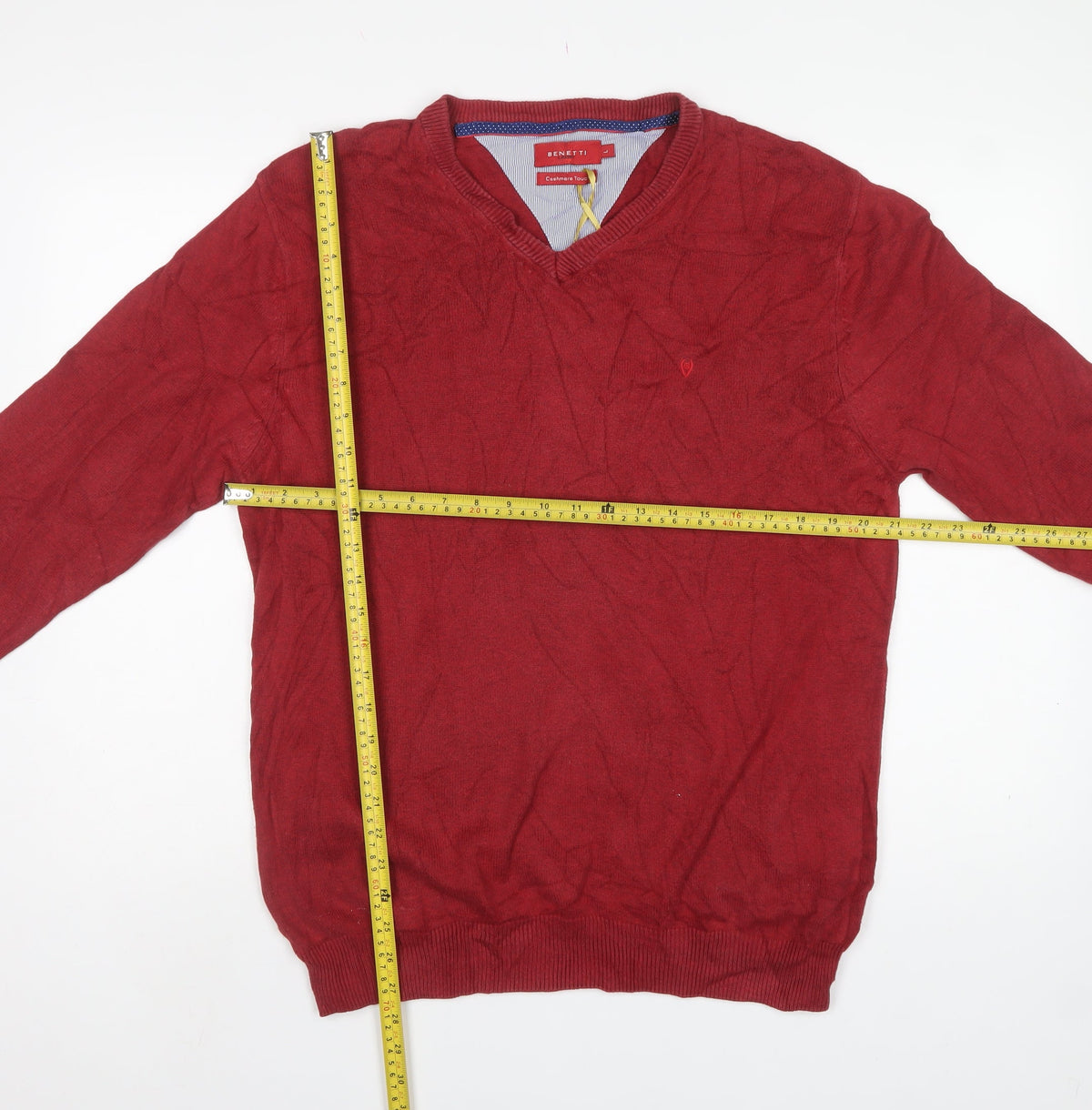 Benetti Men’s Red L V-Neck Cotton Knit Pullover Jumper