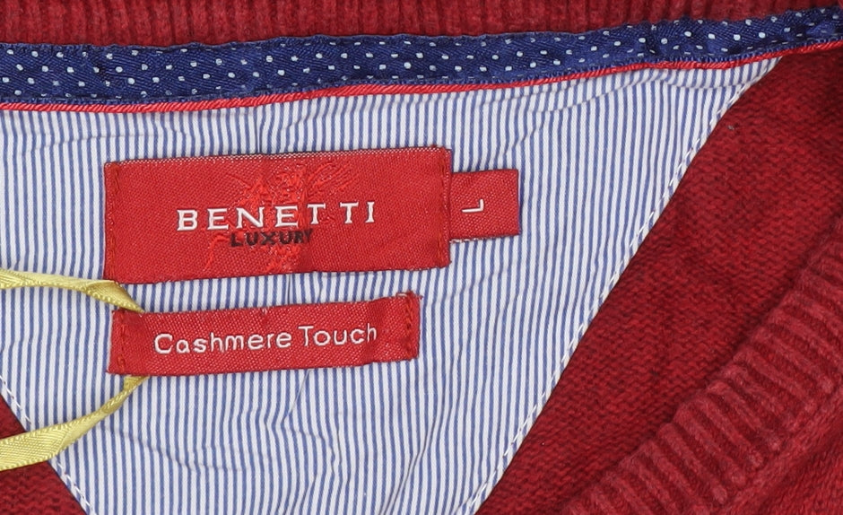 Benetti Men’s Red L V-Neck Cotton Knit Pullover Jumper