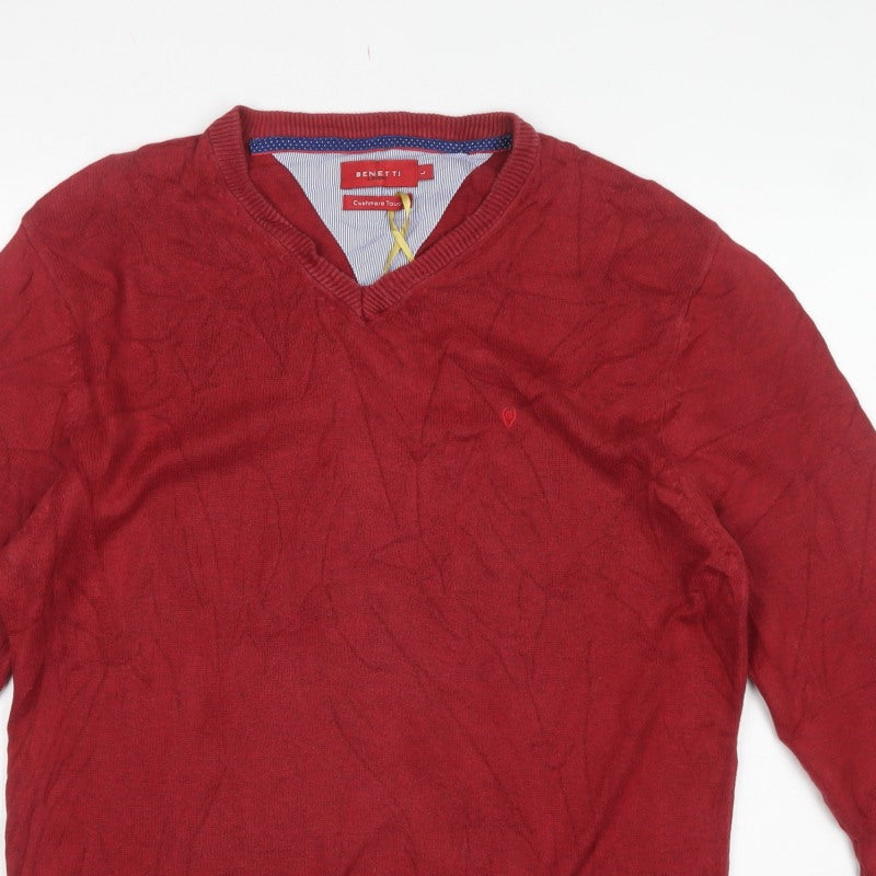 Benetti Men’s Red L V-Neck Cotton Knit Pullover Jumper