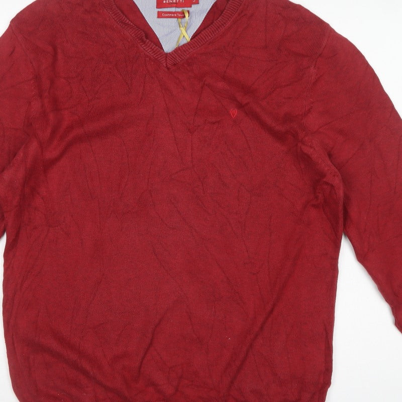 Benetti Men’s Red L V-Neck Cotton Knit Pullover Jumper