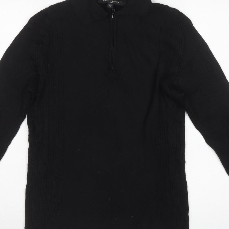 Guide London Men’s Black M Merino Wool Half Zip Knit Jumper