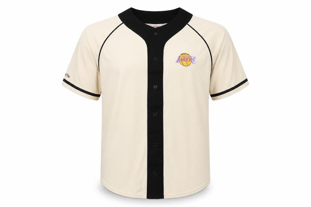 Mitchell & Ness Men Beige L Lakers NBA 2008 Hardwood Classics Baseball Shirt
