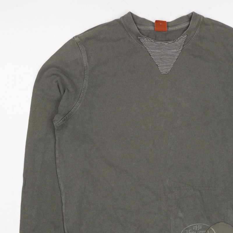 Hugo Boss Men Grey Small Pullover Crew Neck Logo Sweatshirt