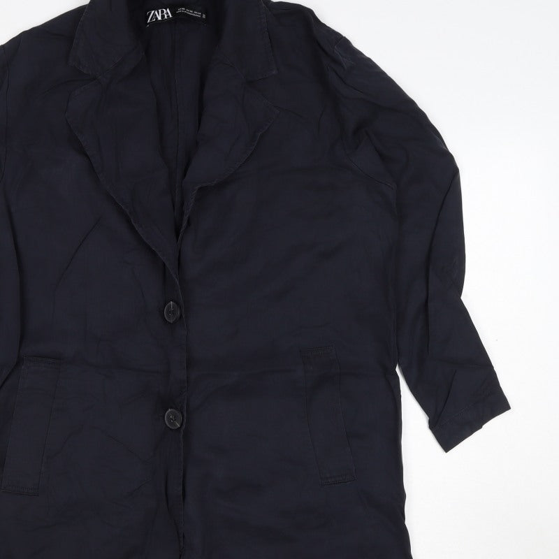 Zara Women Black UK 6 Long Overcoat Lyocell Button Pockets