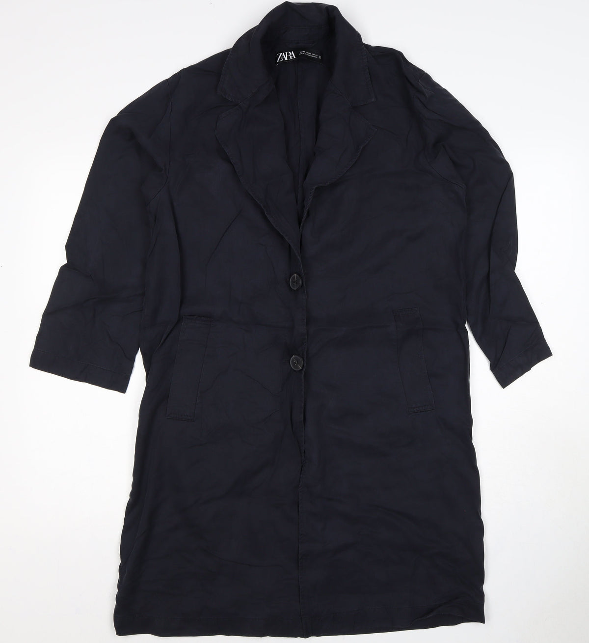 Zara Women Black UK 6 Long Overcoat Lyocell Button Pockets