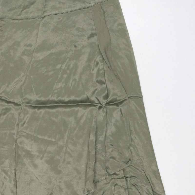 Zara Basic Women Green S Satin Midi A-Line Skirt Zip Lined