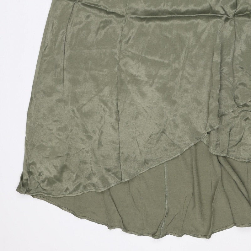 Zara Basic Women Green S Satin Midi A-Line Skirt Zip Lined