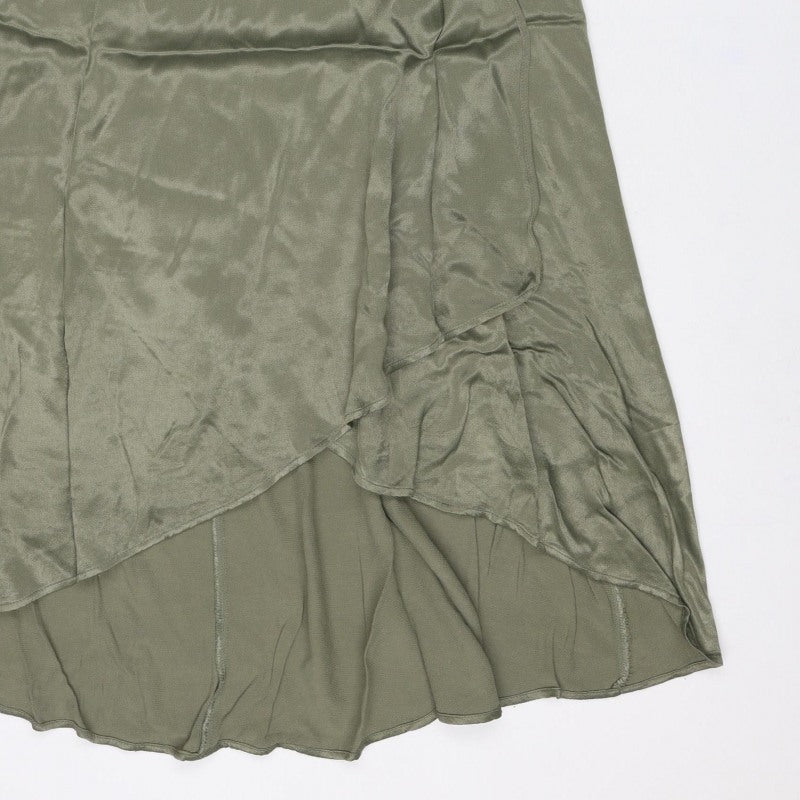 Zara Basic Women Green S Satin Midi A-Line Skirt Zip Lined