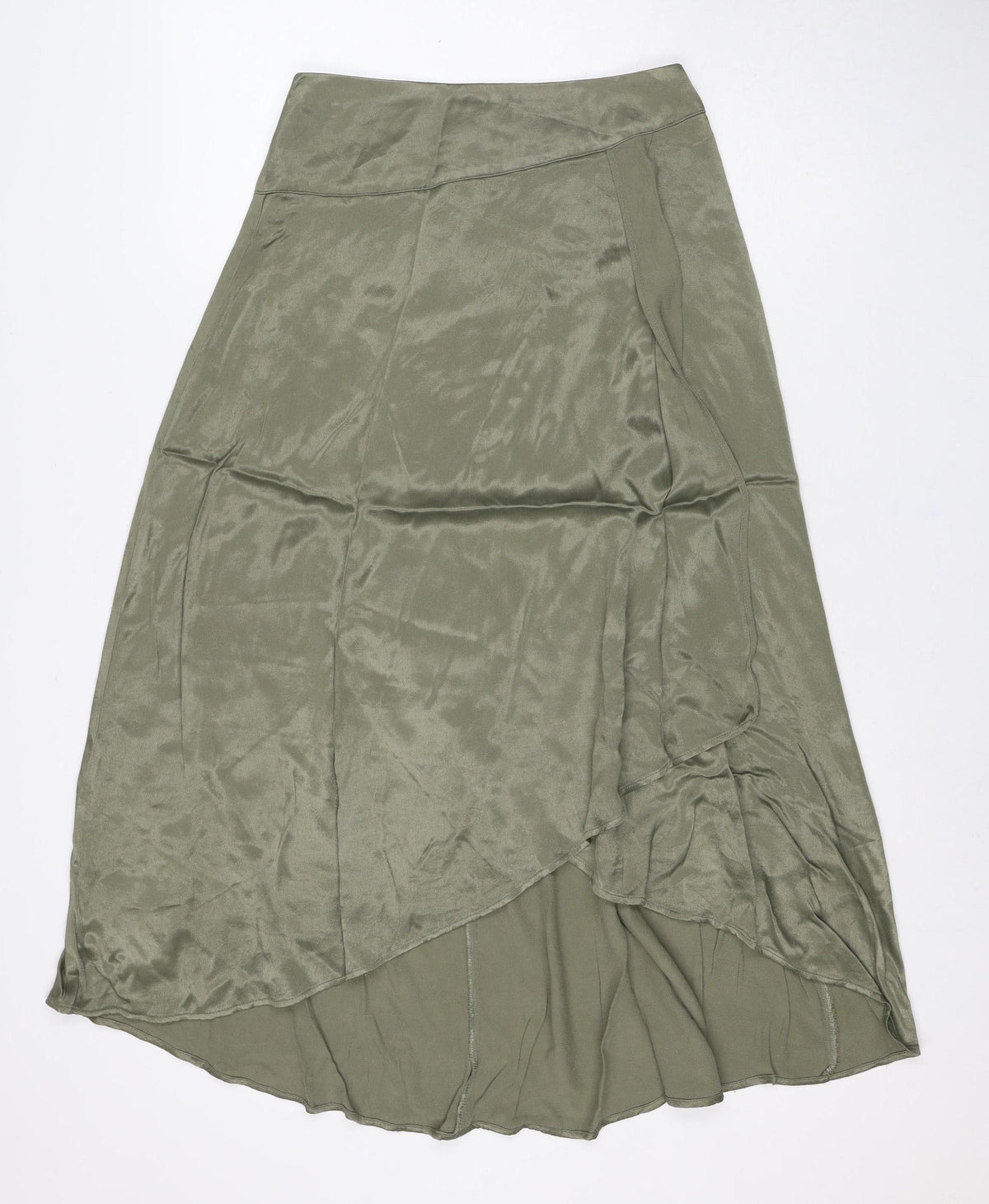 Zara Basic Women Green S Satin Midi A-Line Skirt Zip Lined
