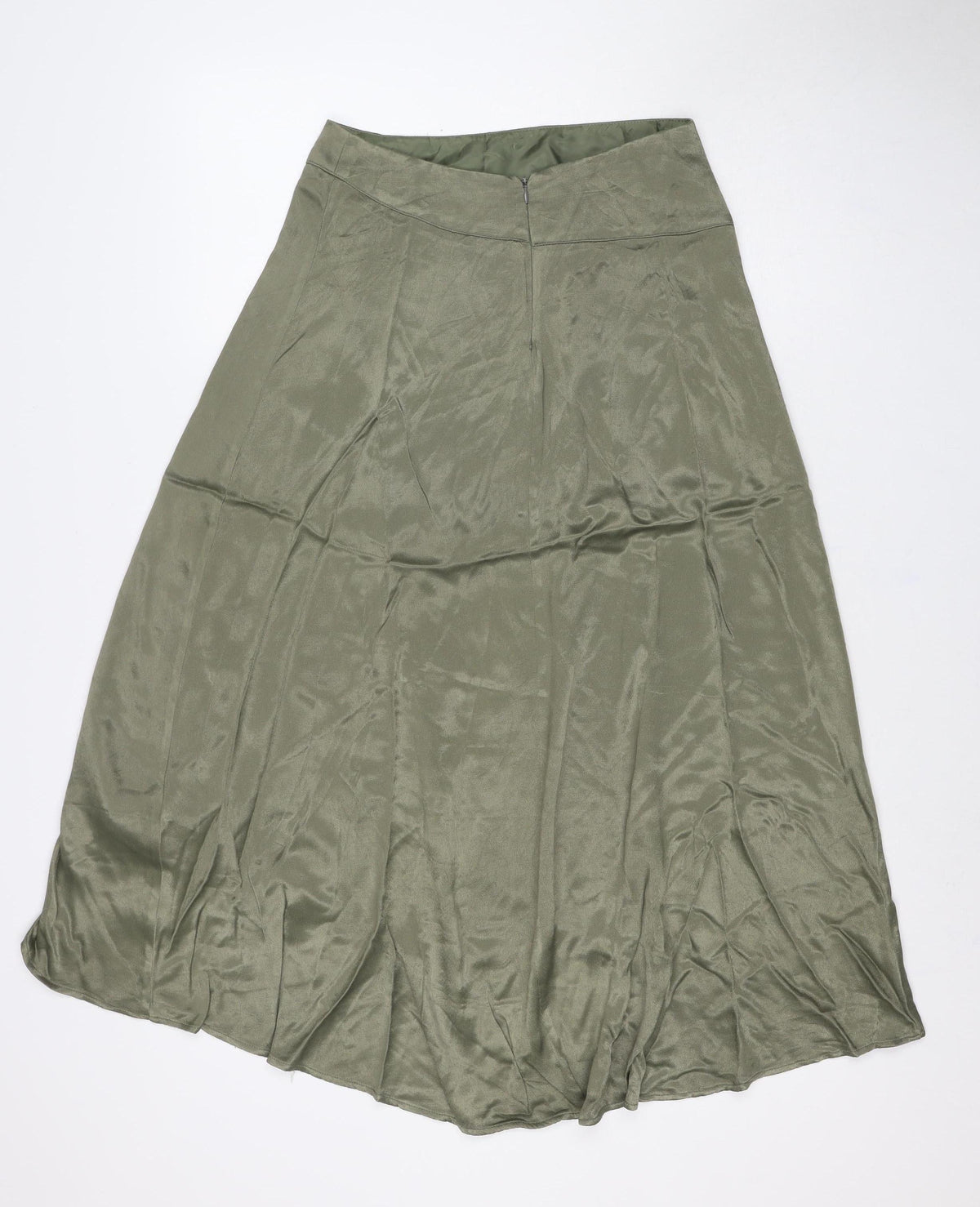 Zara Basic Women Green S Satin Midi A-Line Skirt Zip Lined