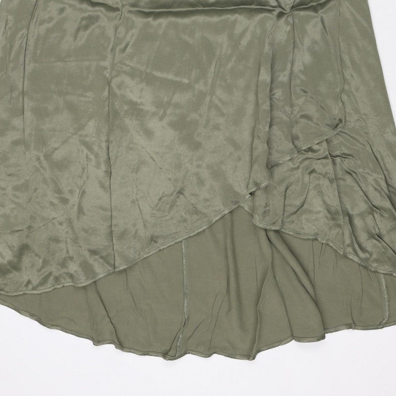 Zara Basic Women Green S Satin Midi A-Line Skirt Zip Lined