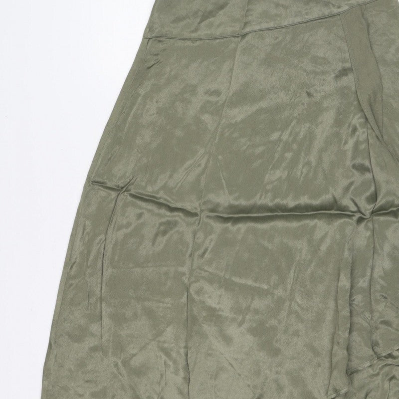 Zara Basic Women Green S Satin Midi A-Line Skirt Zip Lined
