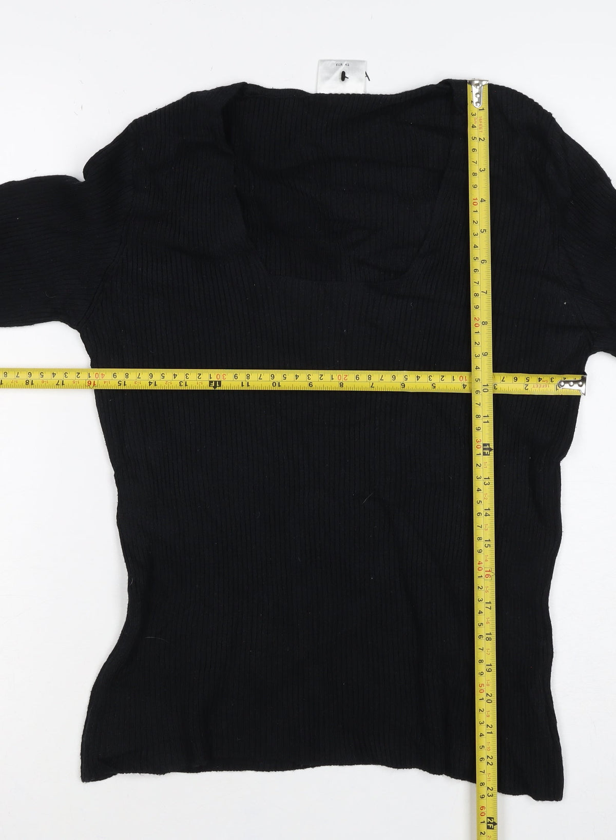Next Women Black UK 14 Rib Knit Square Neck Long Sleeve Top