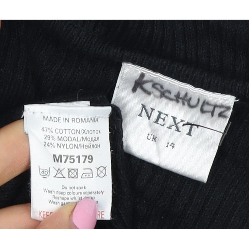 Next Women Black UK 14 Rib Knit Square Neck Long Sleeve Top